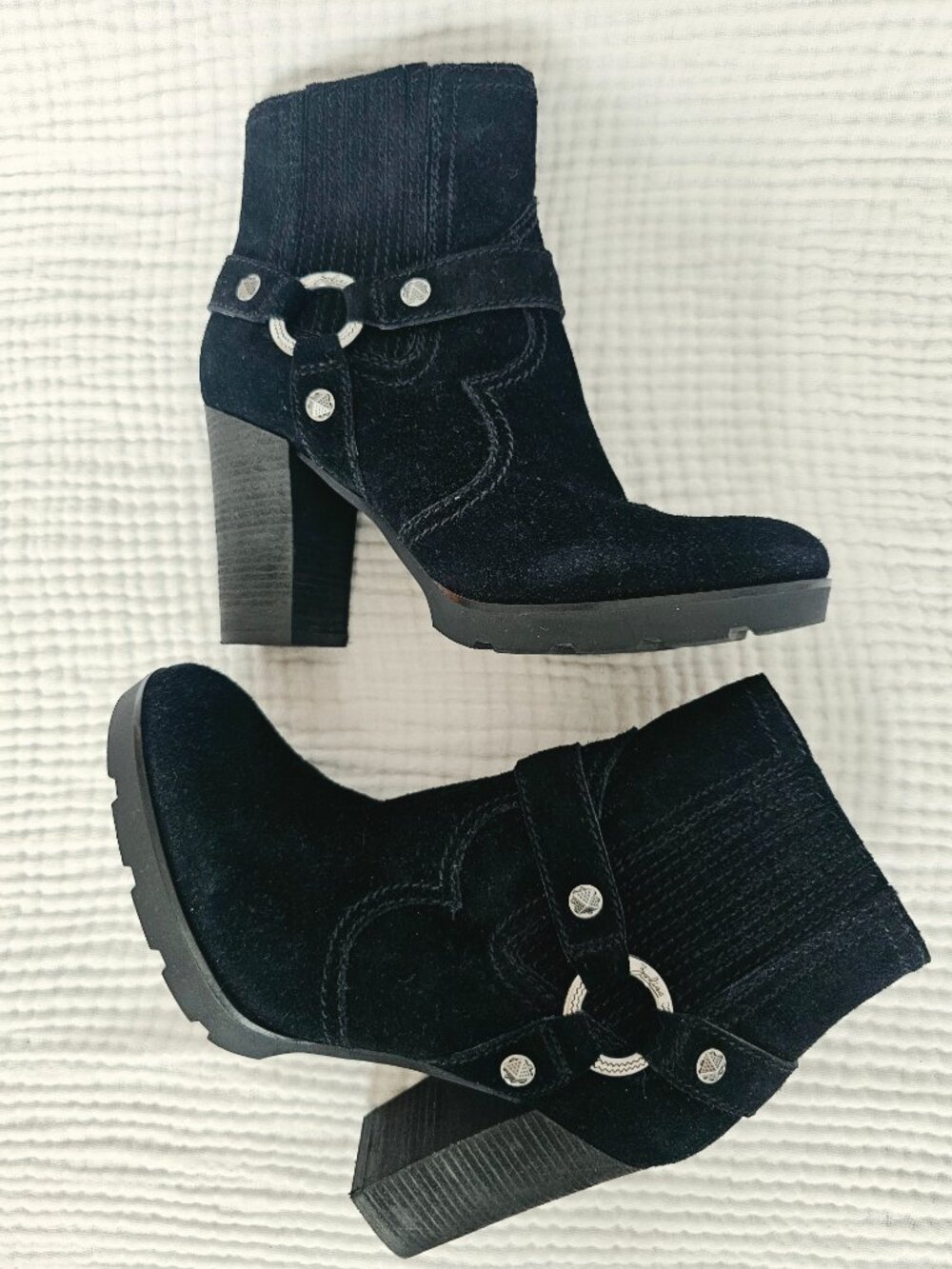 Zodiac Aidan Ankle Boot Black Suede Studded Harness Block Heel Women's Sz 8 - Picture 4 of 9